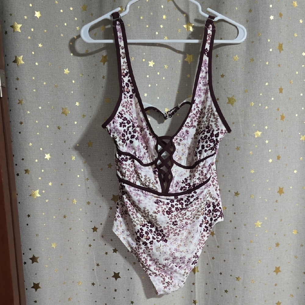 NWOT AdoreMe 1X Floral One-Piece Swimsuit w/Lace-Up Detail & Hooked Back Clasp